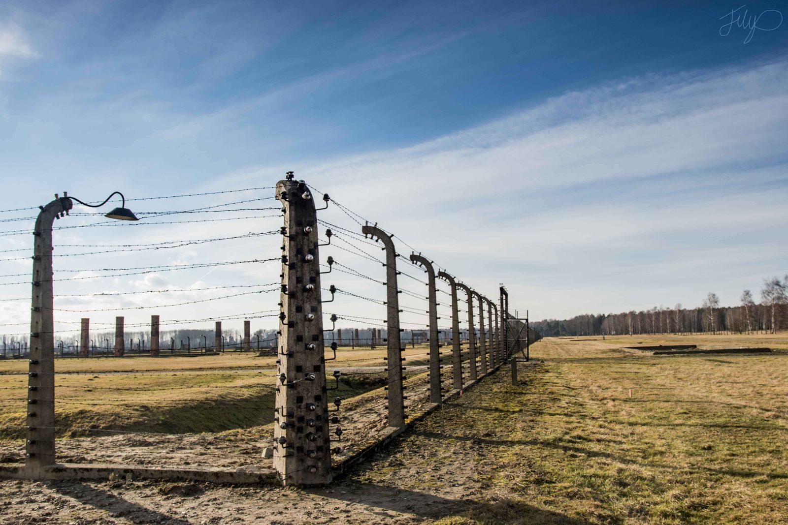 Fence posts at Auschwitz-Birkenau under a blue sky
