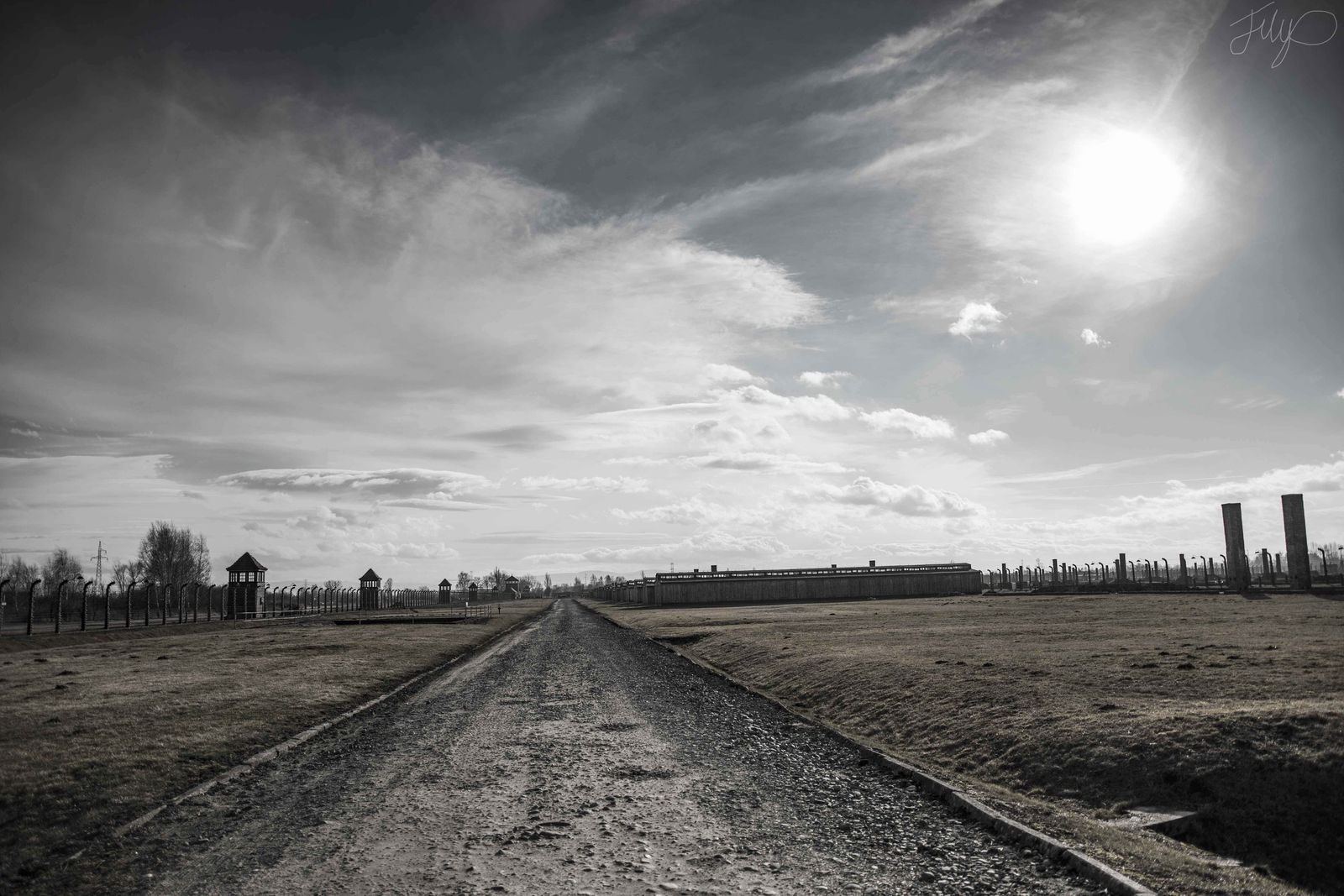 The road through Auschwitz-Birkenau in black and white
